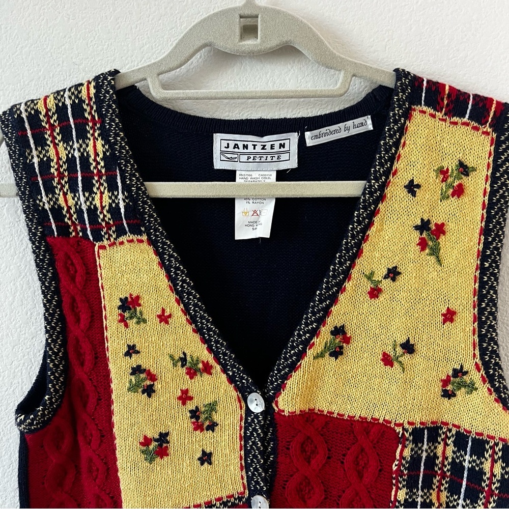 Vintage Hand Embroidered Patchwork Knit Sweater Vest Colorblock Cottagecore S/P - Picture 6 of 16